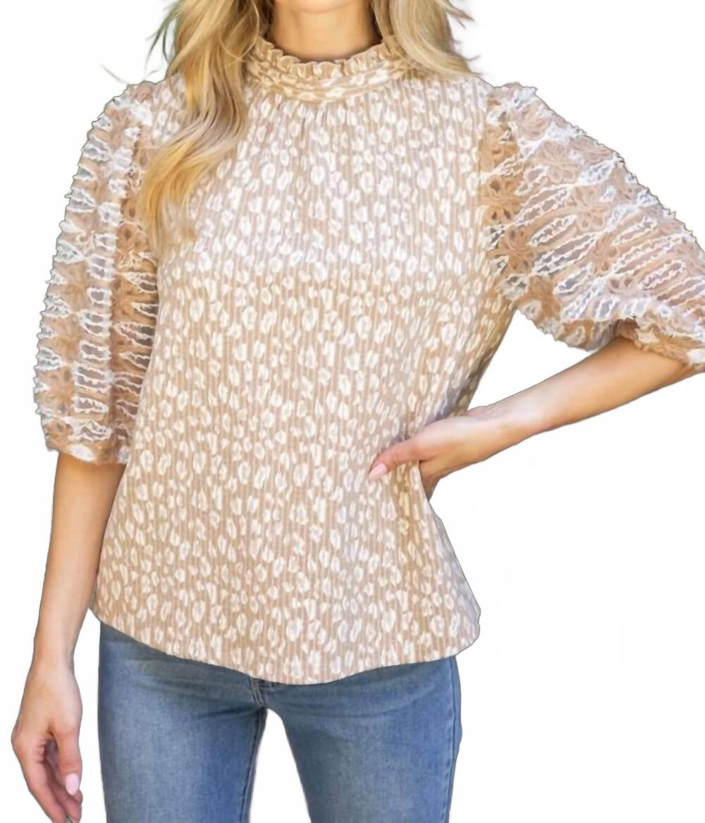 NEW VOY lace half puff sleeve animal print top in taupe